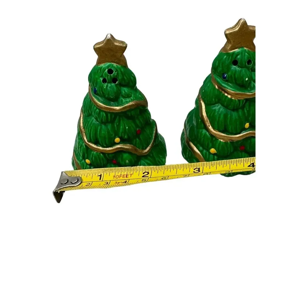 Christmas Tree Salt & Pepper Shaker Set Green With Gold Holiday Star 3.5 Inch